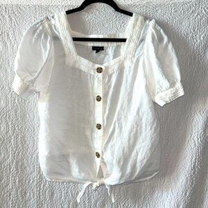 TALBOTS Linen Tie Hem Button Front Puff Short Sleeve Top